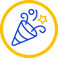 Blue party popper emitting streamers and a yellow star, symbolizing celebration, enclosed in a yellow circle.